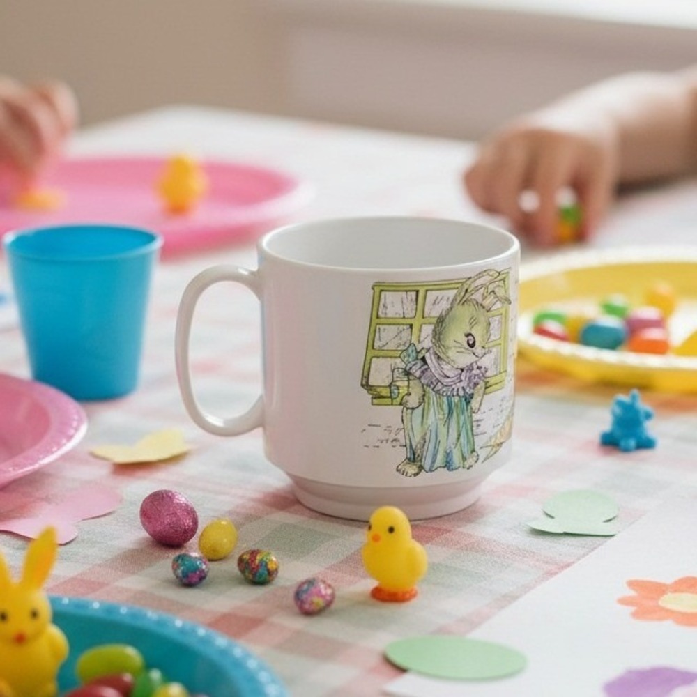 Rabbit Bunnies Melamine Child's Mug Cup Oneida Ware Spring Peter Rabbits